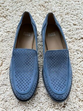 Eileen Fisher Perforated Suede Slip-On Loafers in Light Blue